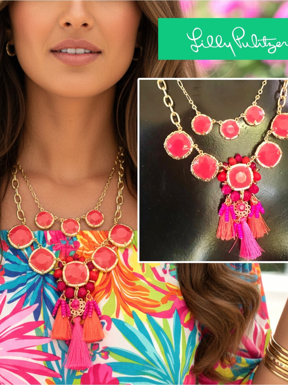 LILLY PULITZER NECKLACE NWT HOT PINK Exciting Double Strand BOHO Tassel⭐️BEADED…